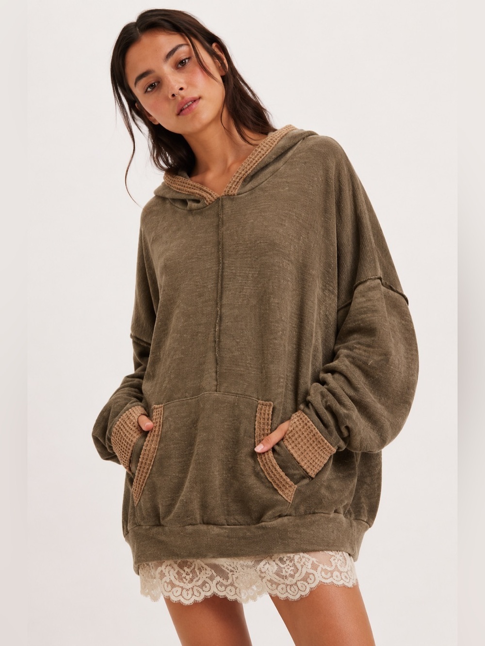 BiBi Olive Hooded Terry Hoodie Oversized Pullover Sweater